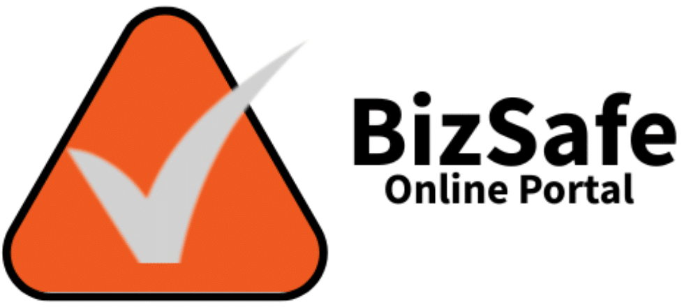 BizSafe Online Portal logo with an orange triangle containing a grey check mark, next to the text "BizSafe Online Portal" in black.